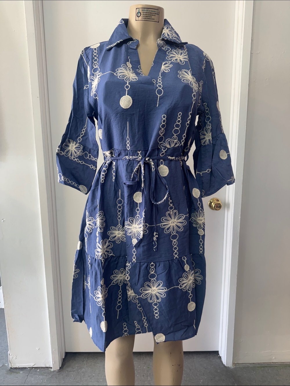 Women's Navy Blue Floral Midi Dress with Waist Tie in Navy Blue
